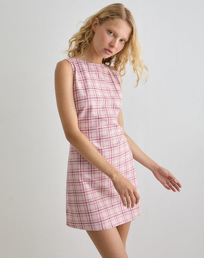 Ayana Backless Mini Dress in Basic Tartan Pink