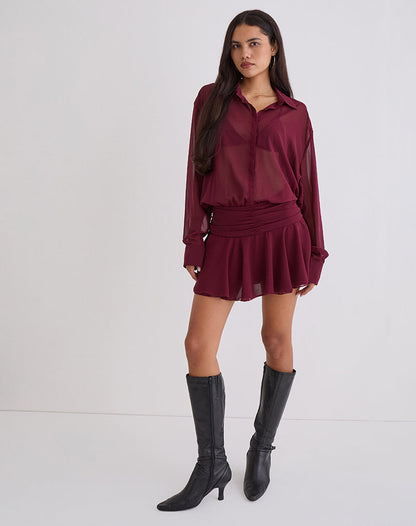 Azphira Long Sleeve Button Up Playsuit in Burgundy