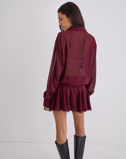 Azphira Long Sleeve Button Up Playsuit in Burgundy