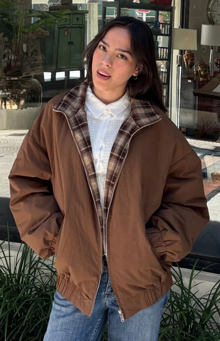 All I Wanted Brown Plaid Puffer Jacket