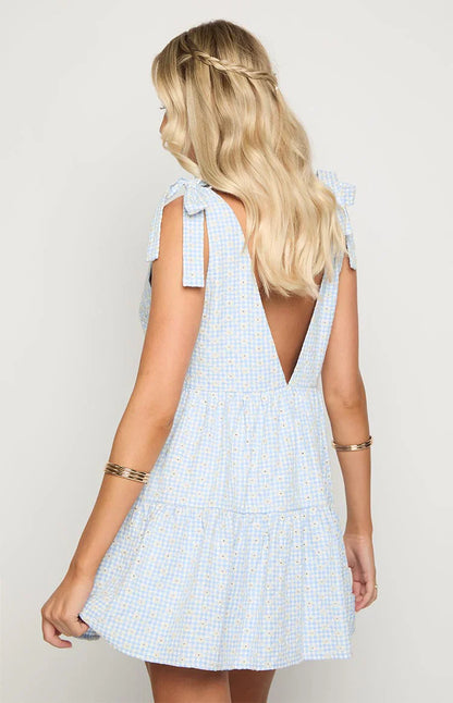 Angel Girl Blue Gingham Floral Mini Dress