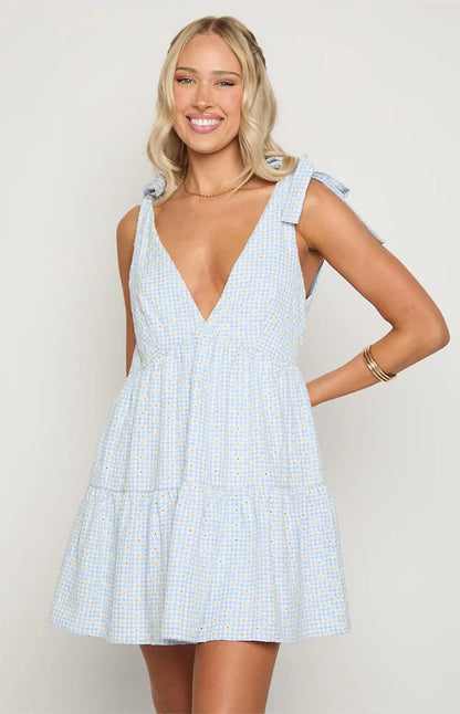 Angel Girl Blue Gingham Floral Mini Dress