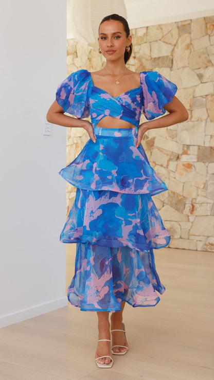 Casey Maxi Dress - Blue / Pink Print