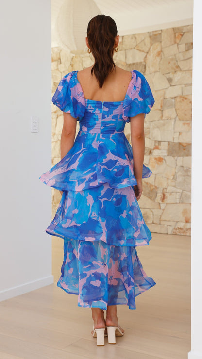 Casey Maxi Dress - Blue / Pink Print