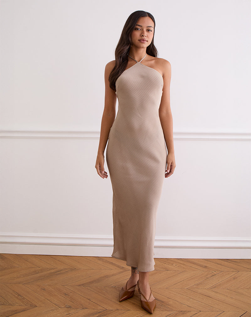 Belara Maxi Dress in Satin Stripe Taupe