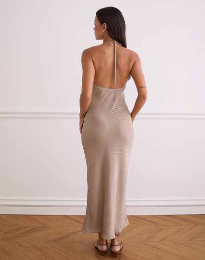 Belara Maxi Dress in Satin Stripe Taupe