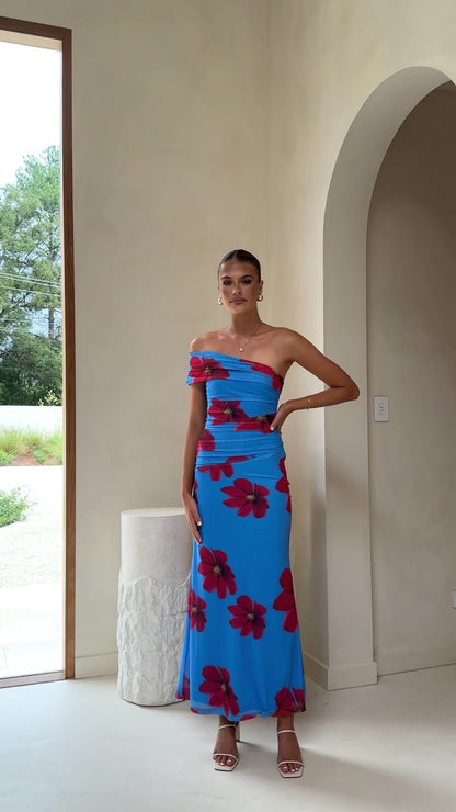 Eisa One Shoulder Maxi Dress - Blue / Red Floral