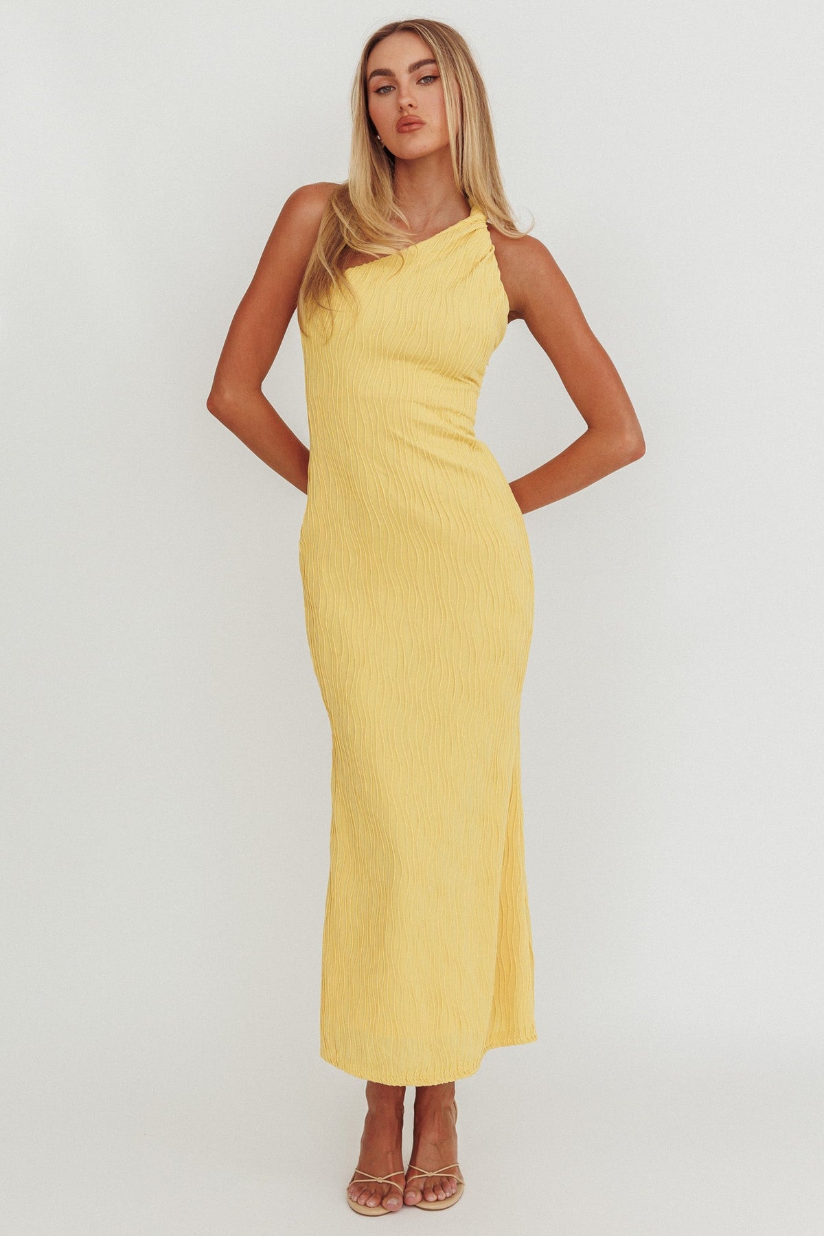 Lingering Love One-Shoulder Twist Midi Dress Lemon