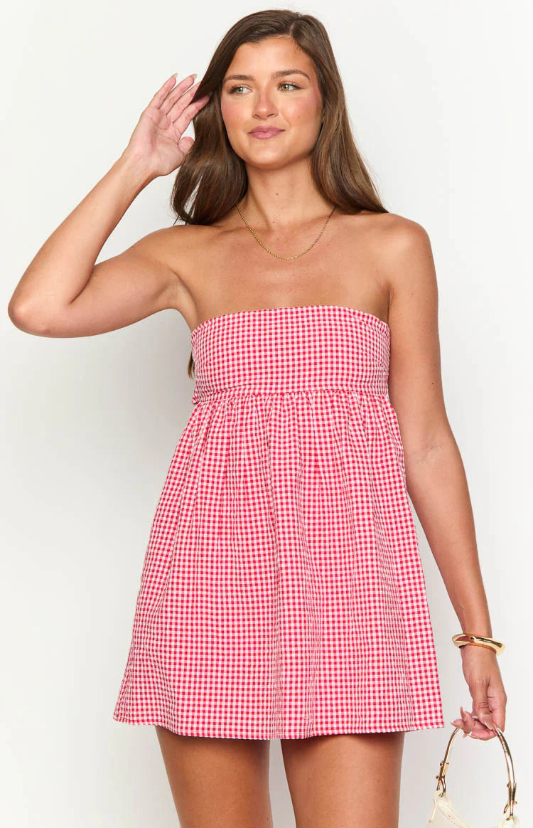 Berrie Red Gingham Strapless Mini Dress