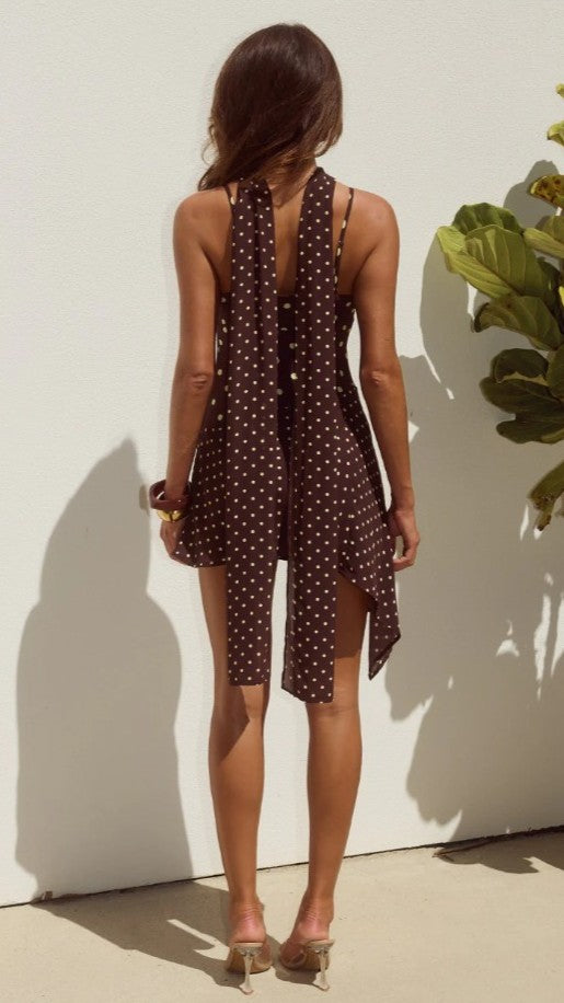 Alora Scoop Neck Mini Dress - Choc / Lemon Polka