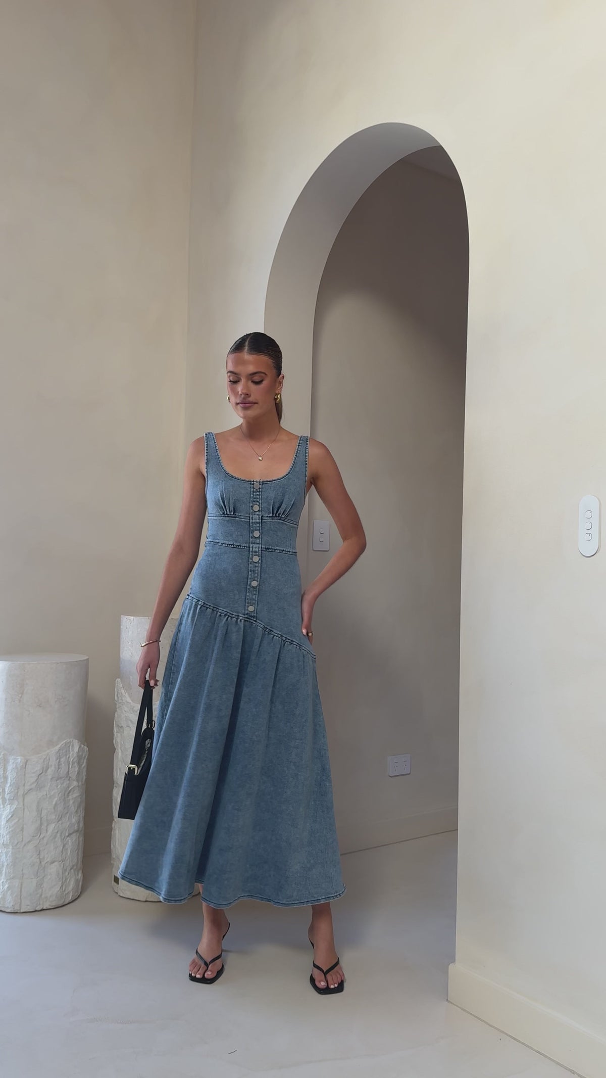 Generosa Button Front Maxi Dress - Mid Blue Denim