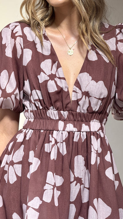 Erin Mini Dress - Brown Daylillies