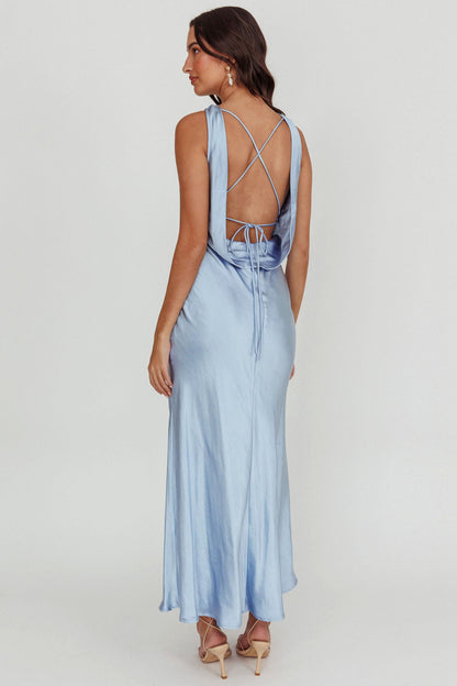 Isabella Satin Backless Maxi Dress Ocean