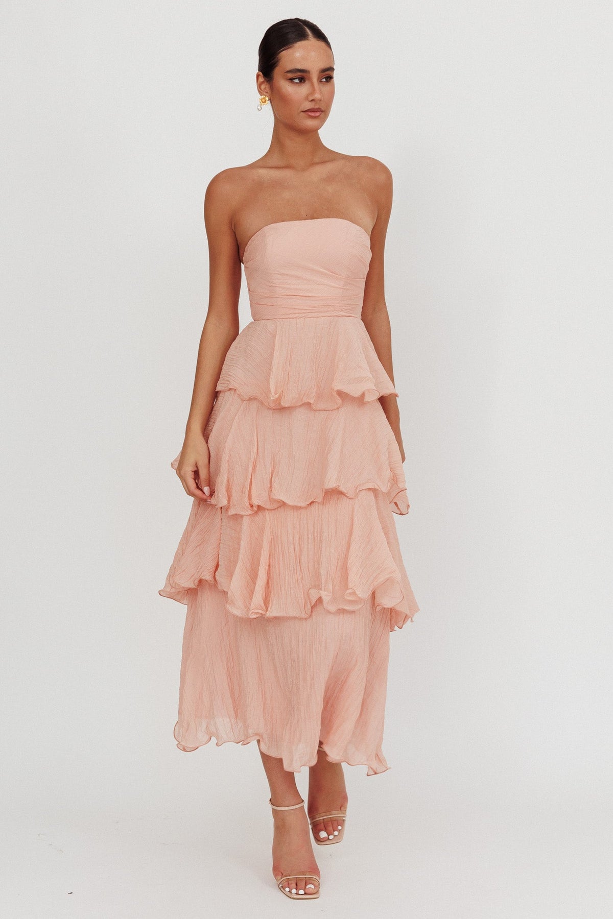 Giavana Strapless Layered Midi Dress Peach