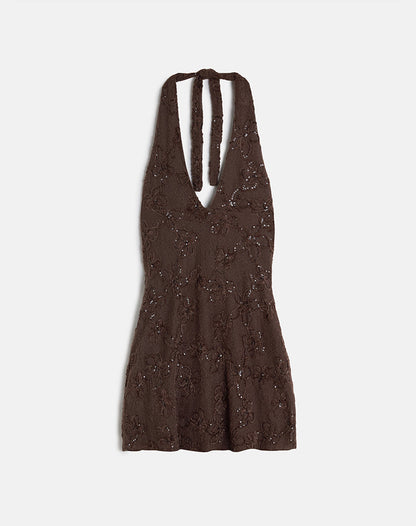 Codami Halterneck Mini Dress in Sequin Knit Dark Brown