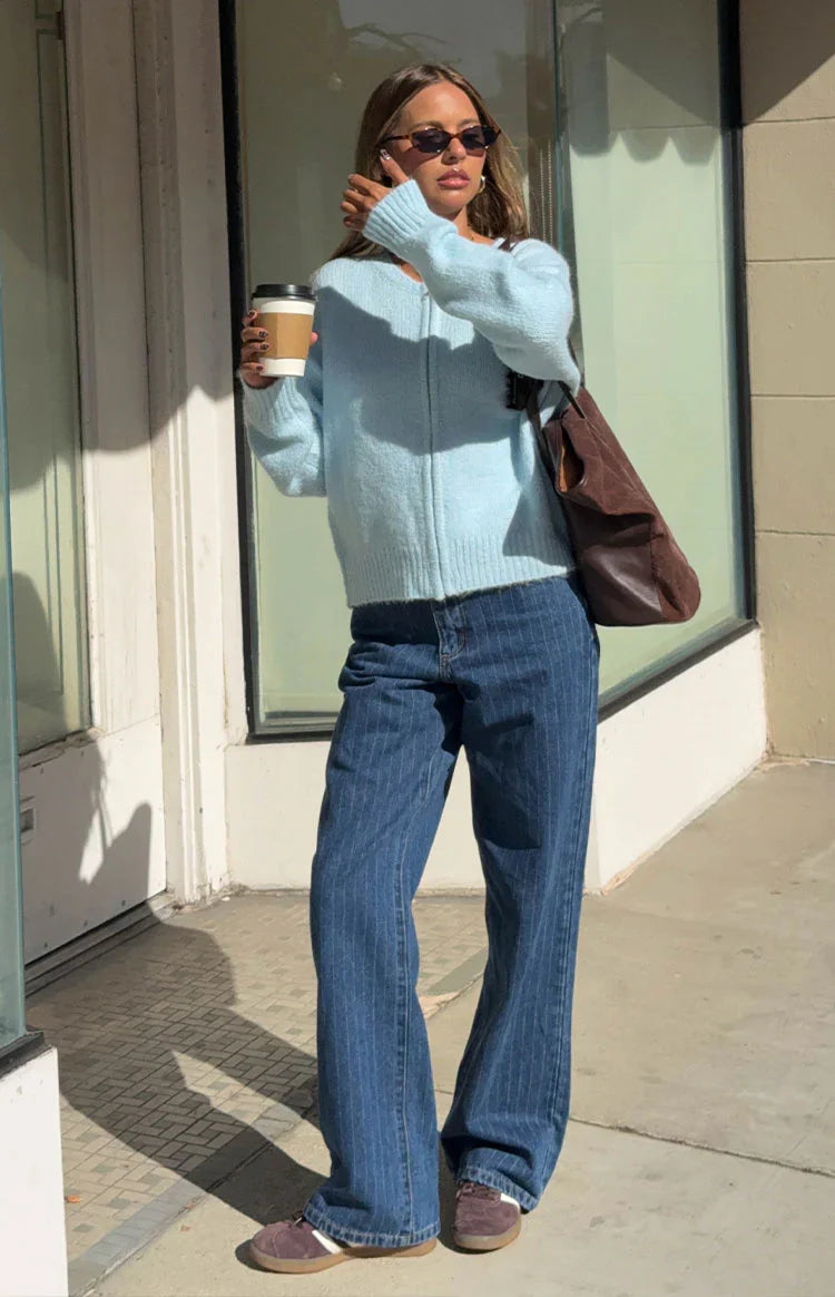 Calliope Pinstripe Mid Wash Mid Rise Slouchy Jeans