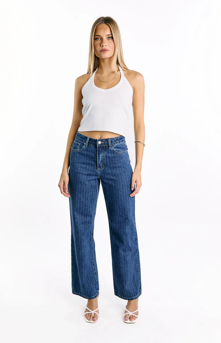 Calliope Pinstripe Mid Wash Mid Rise Slouchy Jeans