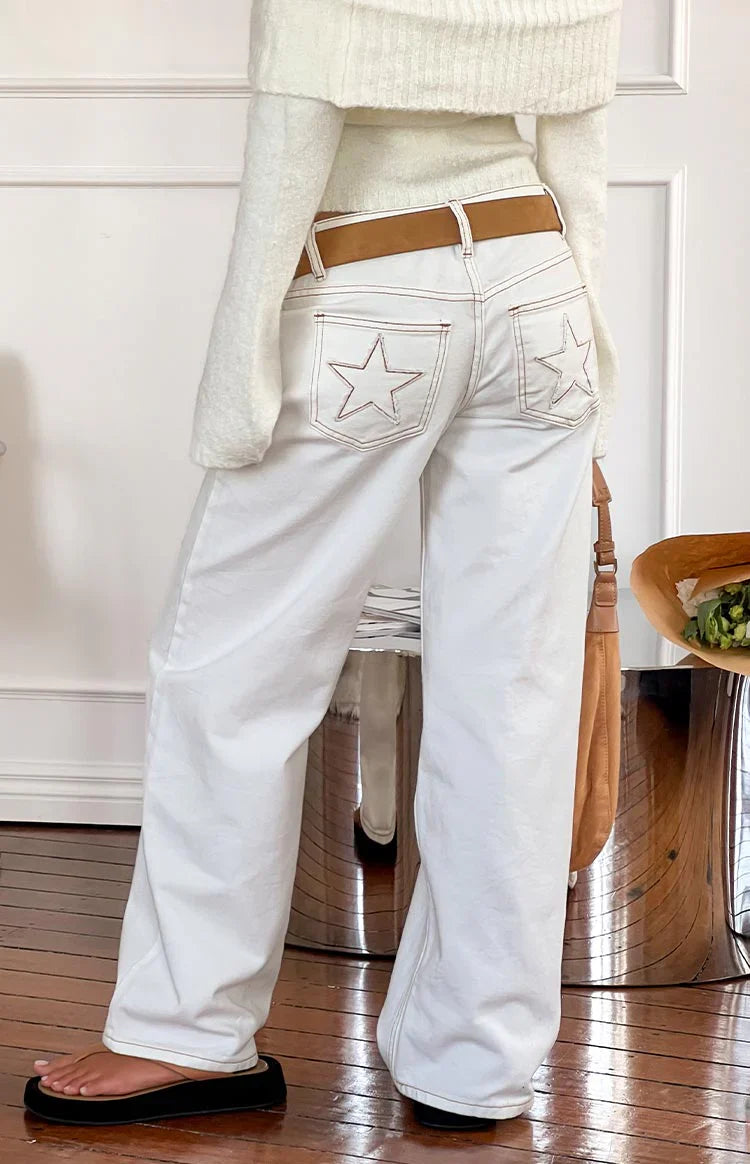 Clara Star White Denim Low Rise Jeans