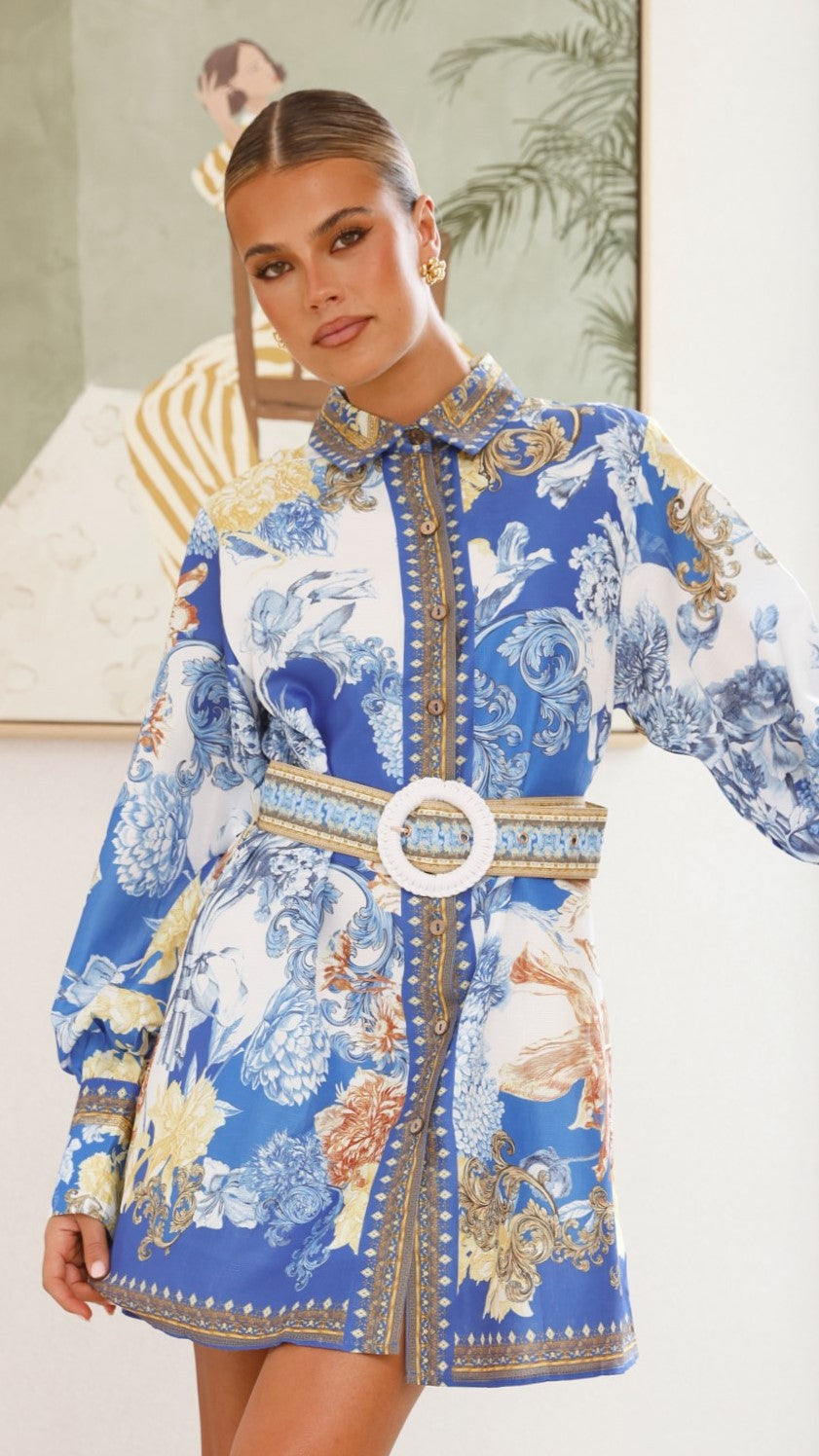Annika Long Sleeve Mini Dress - Blue Doll