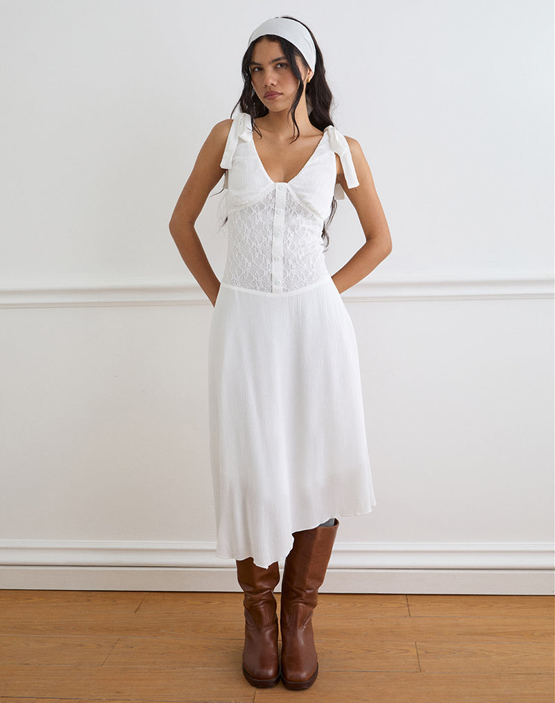 Danira Midi Dress With Lace Waist in Rayon White
