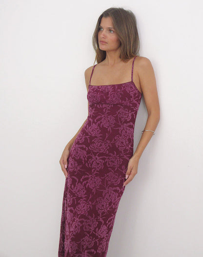 Darsih Maxi Dress in Flock Shadow Leaf Plum