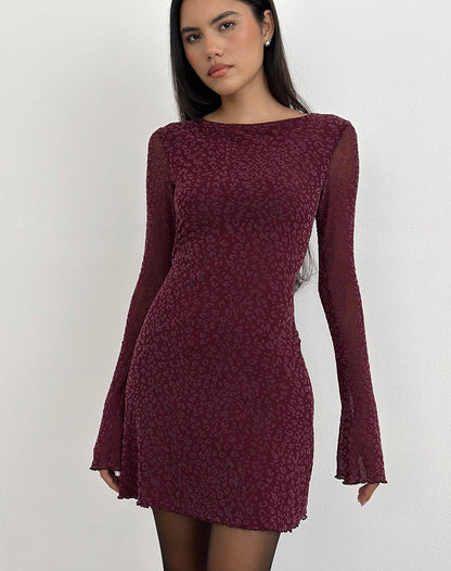 Dasa Long Sleeve Mini Dress in Flock Mini Leopard Plum