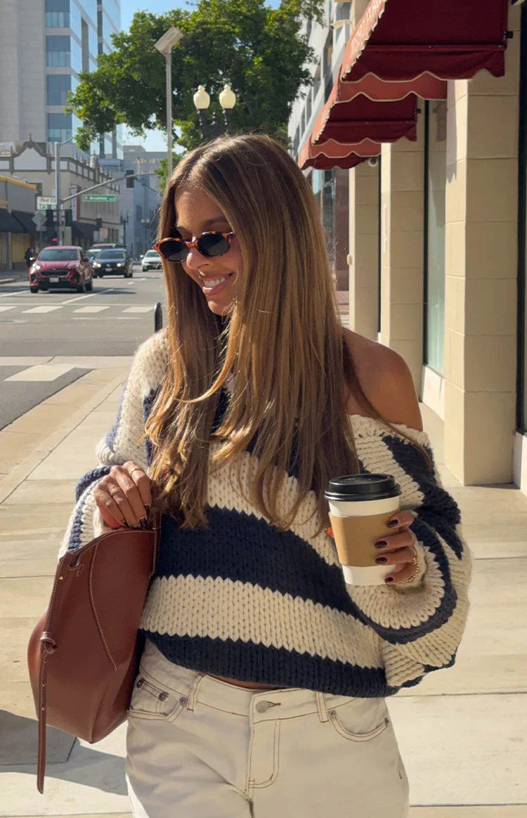 Delvey Navy Striped Chunky Knit Sweater