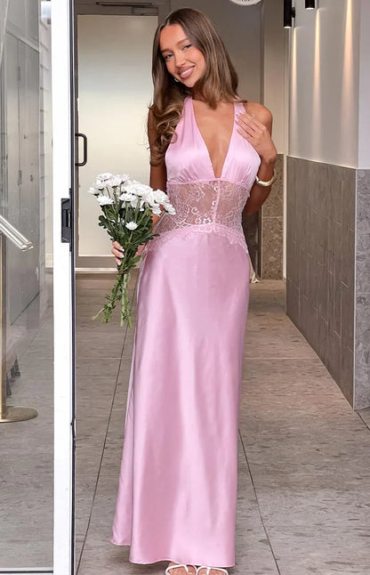 Divandi Pink Lace Halter Neck Formal Maxi Dress