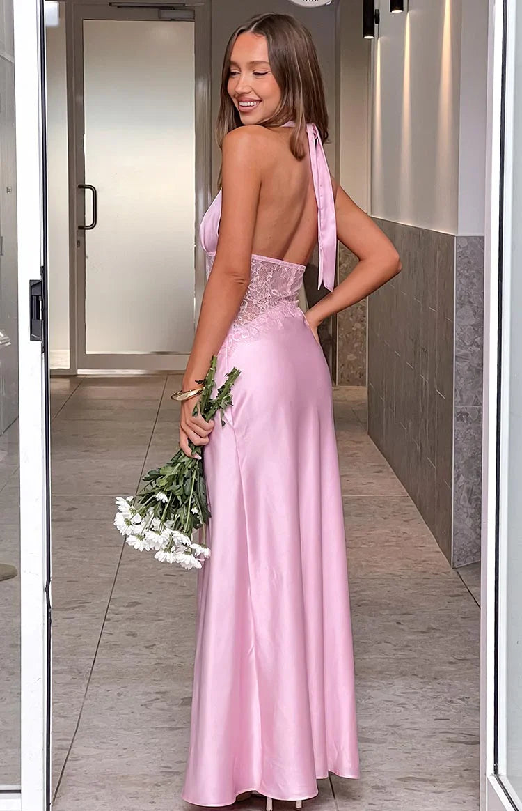 Divandi Pink Lace Halter Neck Formal Maxi Dress