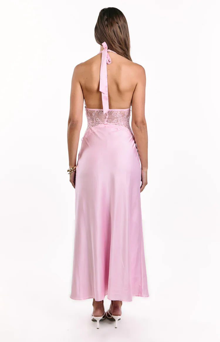 Divandi Pink Lace Halter Neck Formal Maxi Dress