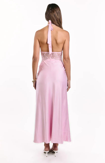 Divandi Pink Lace Halter Neck Formal Maxi Dress