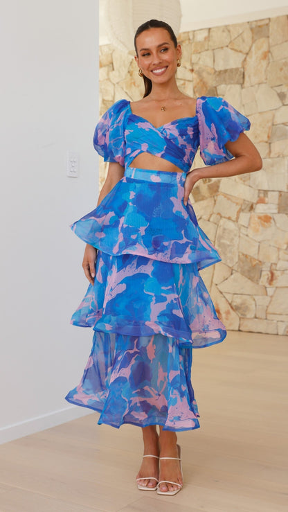 Casey Maxi Dress - Blue / Pink Print