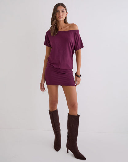 Edwina Off the Shoulder Mini Dress in Deep Purple