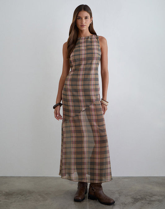 Elska Maxi Dress in Brown and Pink Blurry Check