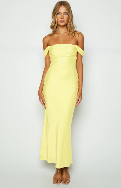 Ella Light Yellow Off Shoulder Formal Maxi Dress