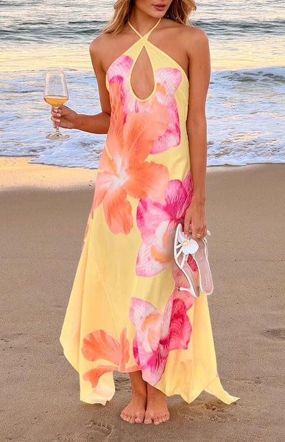 Elowen Yellow Hibiscus Floral Halter Maxi Dress