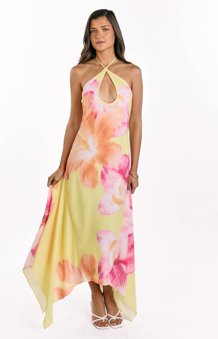 Elowen Yellow Hibiscus Floral Halter Maxi Dress