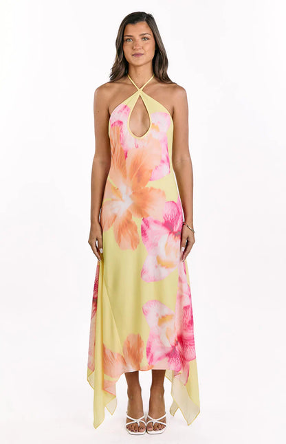 Elowen Yellow Hibiscus Floral Halter Maxi Dress