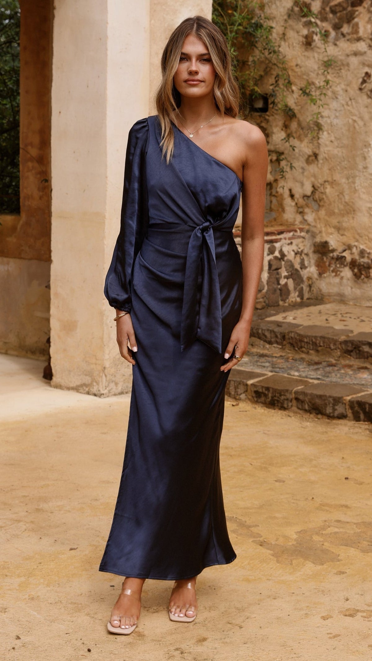 Eden One Shoulder Tie Front Maxi Dress - Navy