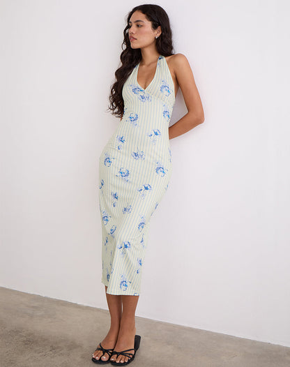 Fadwa Midi Dress in Floral Stripe Cream
