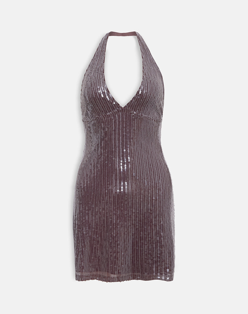 Hepasi Halter Dress in Clear Tinted Sequin Brown
