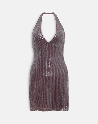 Hepasi Halter Dress in Clear Tinted Sequin Brown