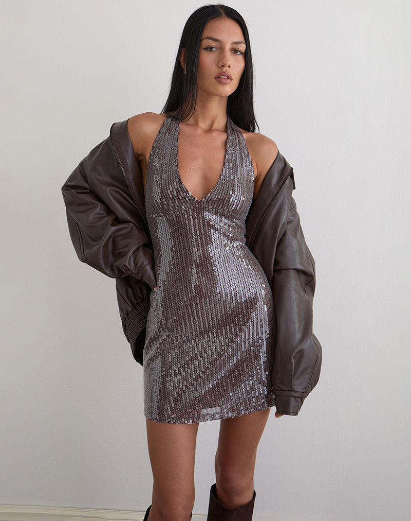 Hepasi Halter Dress in Clear Tinted Sequin Brown