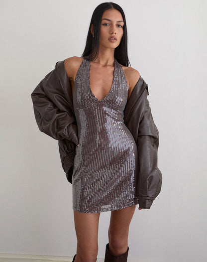 Hepasi Halter Dress in Clear Tinted Sequin Brown