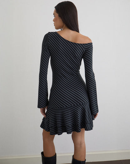 Hongsai Mini Dress in Oblique Stripe Ocean Storm