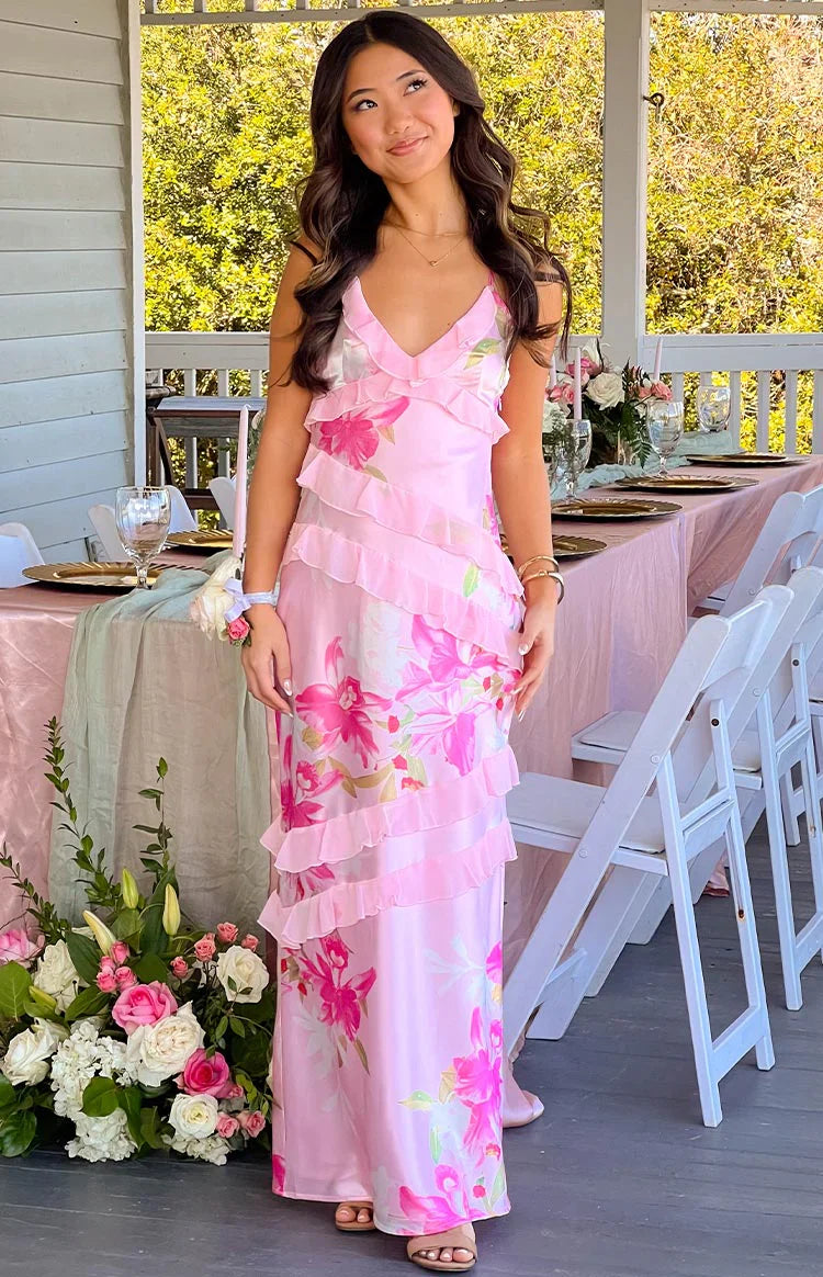 Inara Pink Floral Print Ruffle Prom Dress