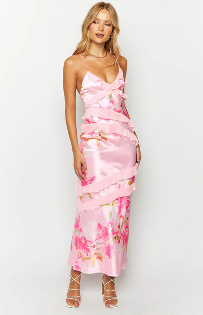 Inara Pink Floral Print Ruffle Prom Dress