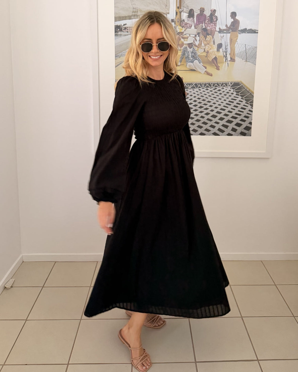 Iolana Dress - Black Long Sleeve | Women's Cotton Midi Dress