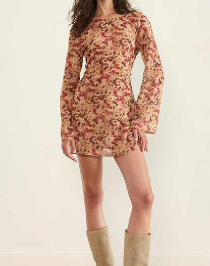 Jovia Mini Dress in Chiffon Rusty Flower