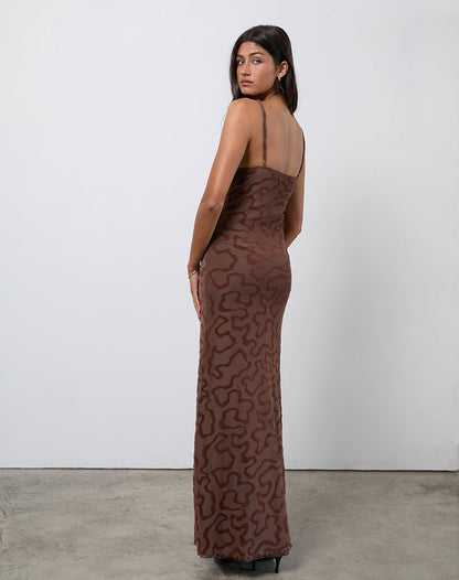 Kalana Maxi Dress in Brown Swirl Flock